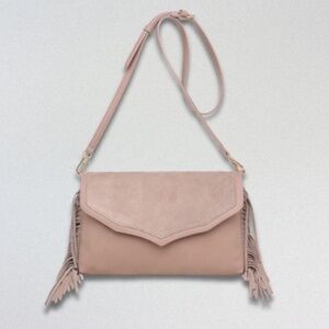 Moda Luxe Natural Solstice Crossbody Bag Suede Faux Leather Trim Fringe Taupe OS